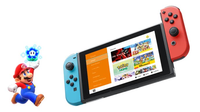Nintendo Switch console with eShop on the screen, with Mario in the corner of image leaping for a Wonder Flower