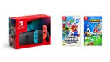 Nintendo Switch Neon console with Super Mario Bros Wonder and Sonic Superstars