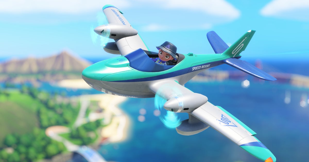 Nintendo Switch Sports Resort screenshot showing a player flying a plane over Wuhu Island.