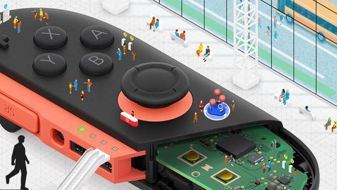 Switch 2 Welcome Tour promotional art showing a giant Joy-Con in the middle of a glass-fronted museum with tiny illustrated guests milling around it.