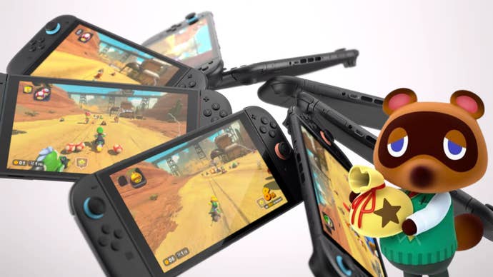 A swirl of Switch 2 consoles from the Nintendo Direct, with tanuki Tom Nook from Animal Crossing holding a bag of money