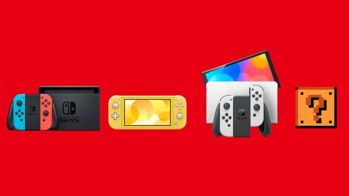 Nintendo Switch, Switch Lite, Switch OLED and a Mario question block against a red background