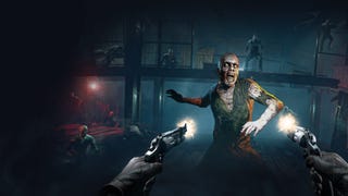 First-person view of someone dual-wielding pistols shooting at a ghoulish zombie. More enemies look on as they approach the camera