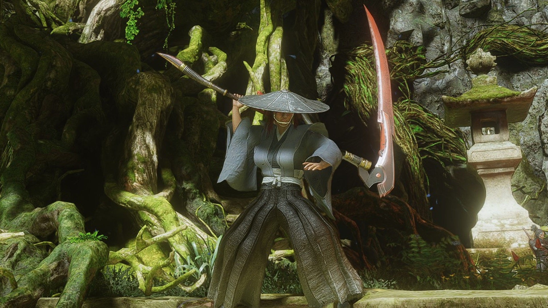 A Samurai holds a Switchglaive in its scythe form behind their shoulders in Nioh 3. - 5