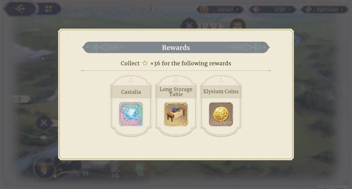 The Fool's Journey Star Collection Reward screen in Sword of Convallaria showing Castalia, Furniture and Elysium Coins.