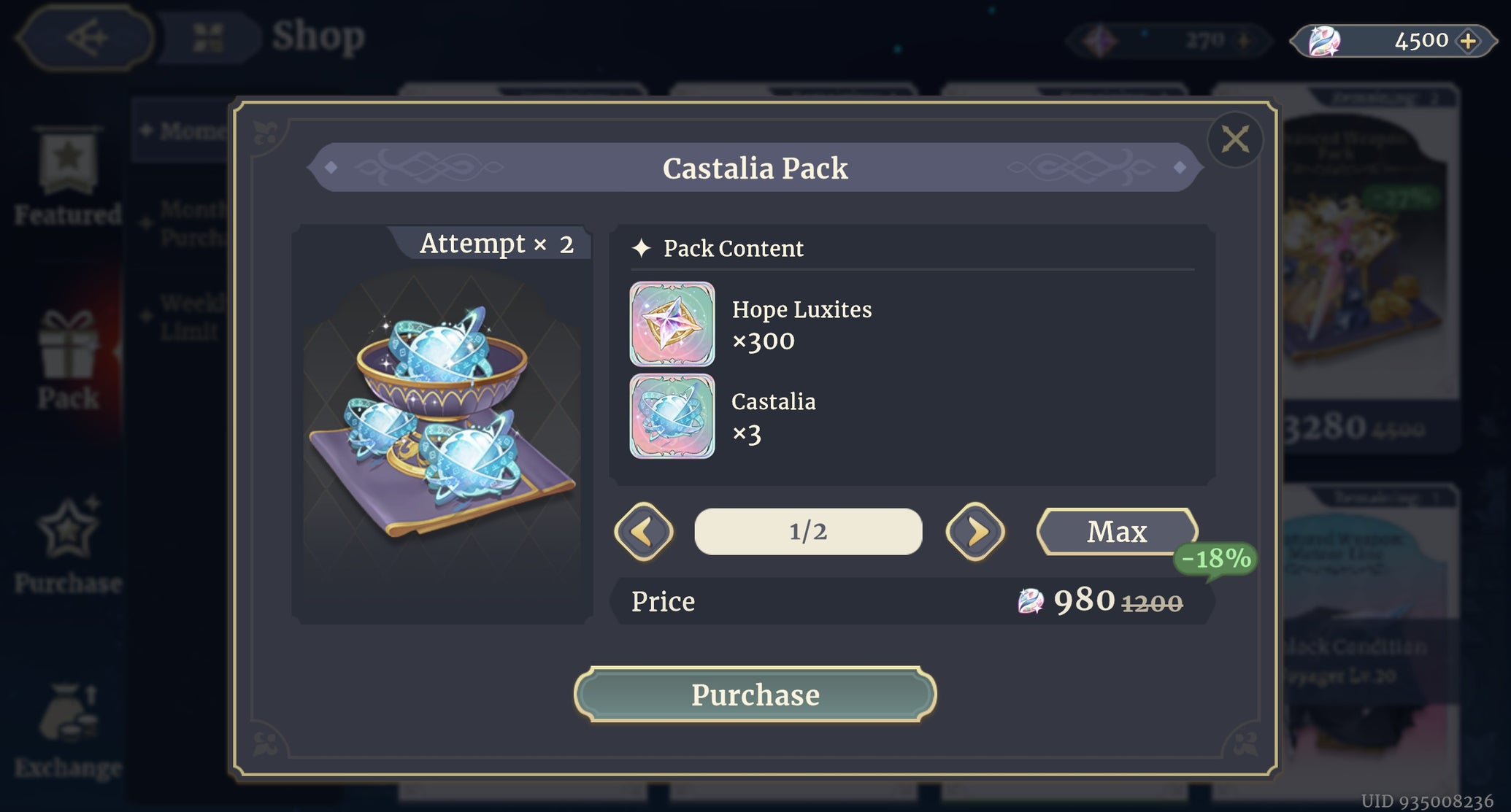 The in-game shop screen in Sword of Convallaria showing a Castalia bundle. - 1