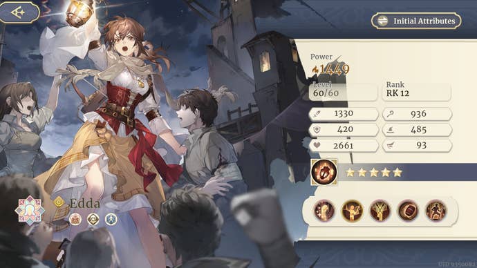 A character sheet showing Edda’s skills and stats in Sword of Convallaria.