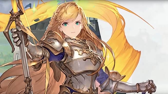 Sword of Convallaria’s Gloria, in her promo art, holding a spear and banner in her right hand