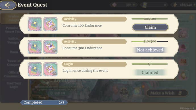 The menu showing quests that offer Wish Coupons as a reward in Sword of Convallaria.