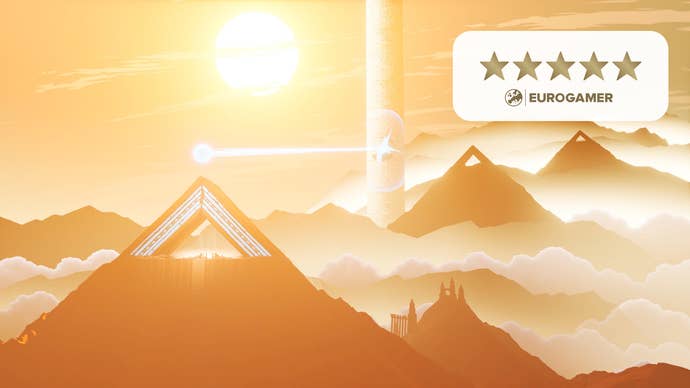 Three mountain peaks at golden sunset, with pyramid-like strucutres at their tips, piercing the clouds. Eurogamer 5/5