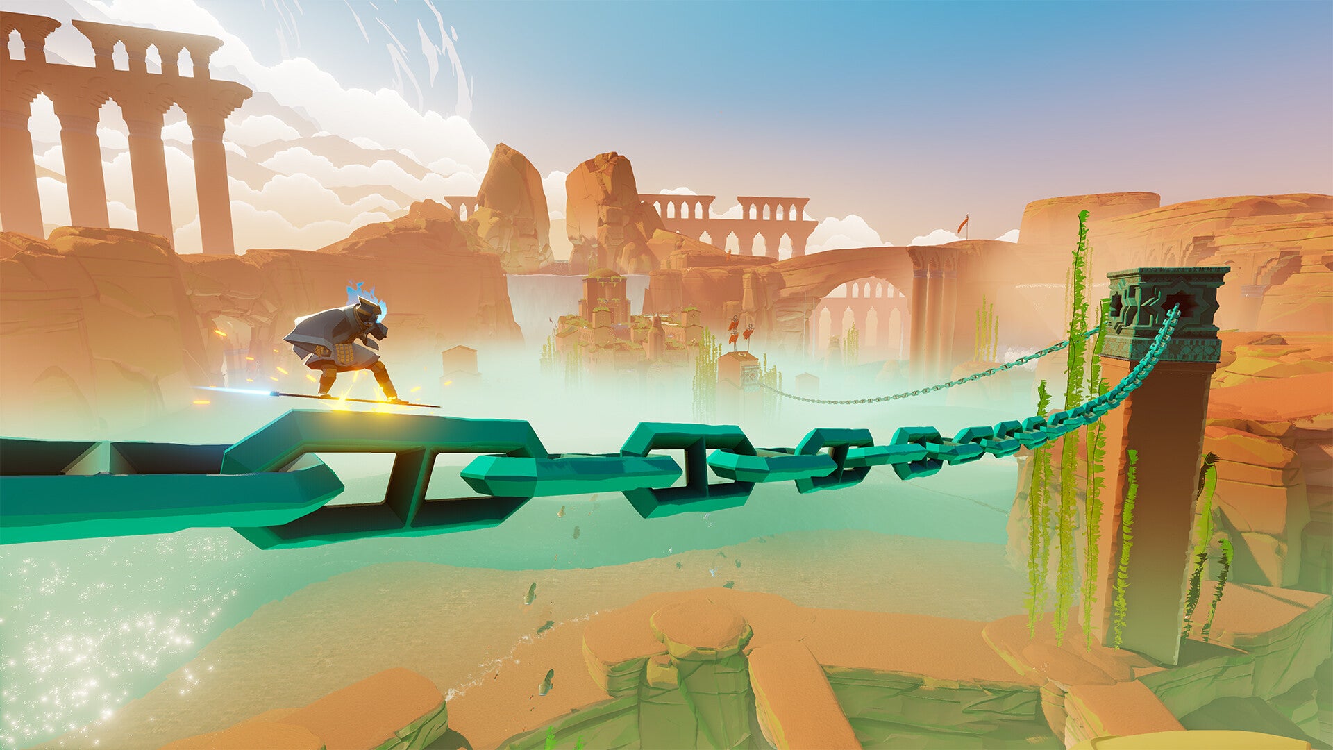 A wraith surfing a hover sword along a huge green chain above a ruin-scattered desert, from Sword Of The Sea - 4