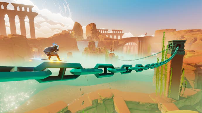 A wraith surfing a hover sword on a immense greenish concatenation supra a ruin-scattered desert, from Sword Of The Sea