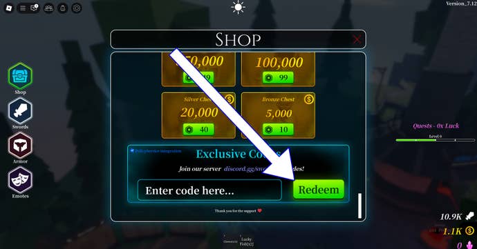 Arrow in Sword League pointing at Redeem button.