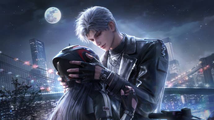 Under a full moon sky on the outskirts of a modern-looking cityscape, Sylus holds the heroine's head in his hands and looking into her eyes; she's turned away and wearing a motorcycle helmet, obscuring her face from the viewer. (Love and Deepspace)
