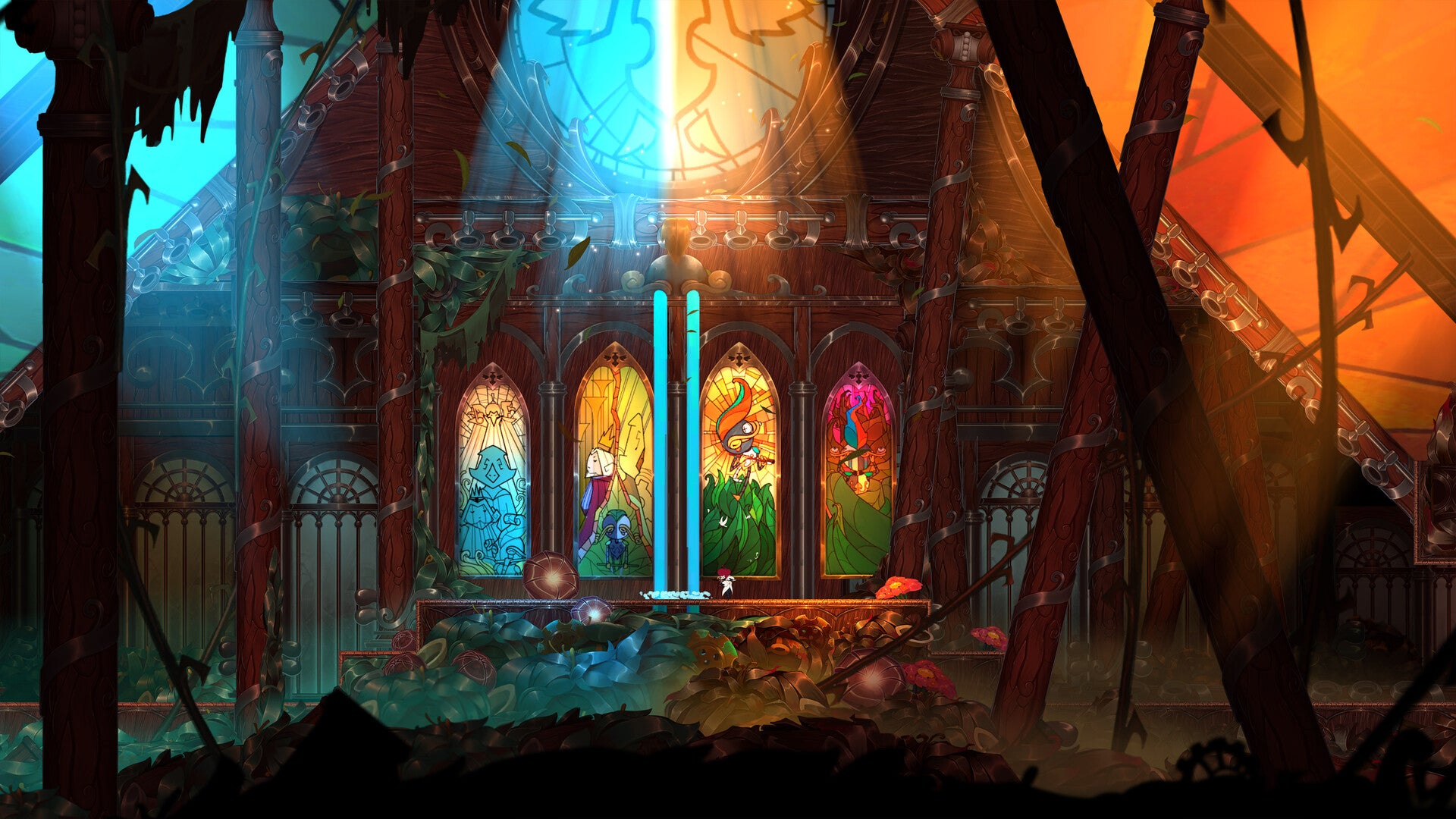 A gorgeous ruined church interior lit half in blue, half in orange. - 43