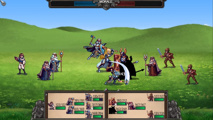 A fight on a field in Symphony Of War between two squads of soldiers and mages