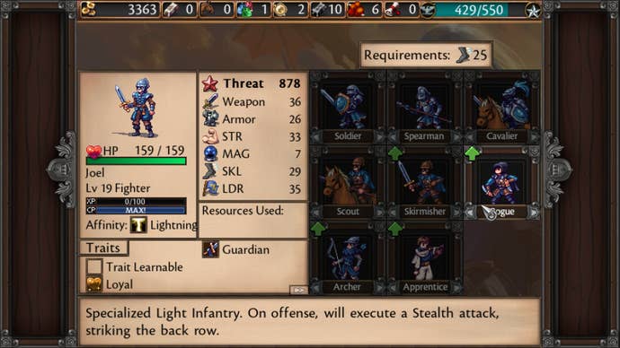 the stat screen for a squad in Symphony Of War