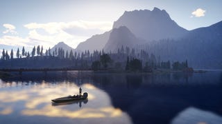 A Call of the Wild: The Angler screenshot showing the silhouette of a fisherman out in the middle of a vast lake beneath a sprawling mountain range.