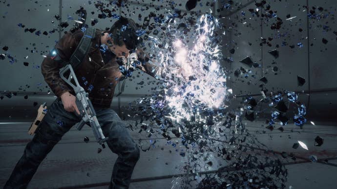 A man with a gun fights a dimensional rift in Synced