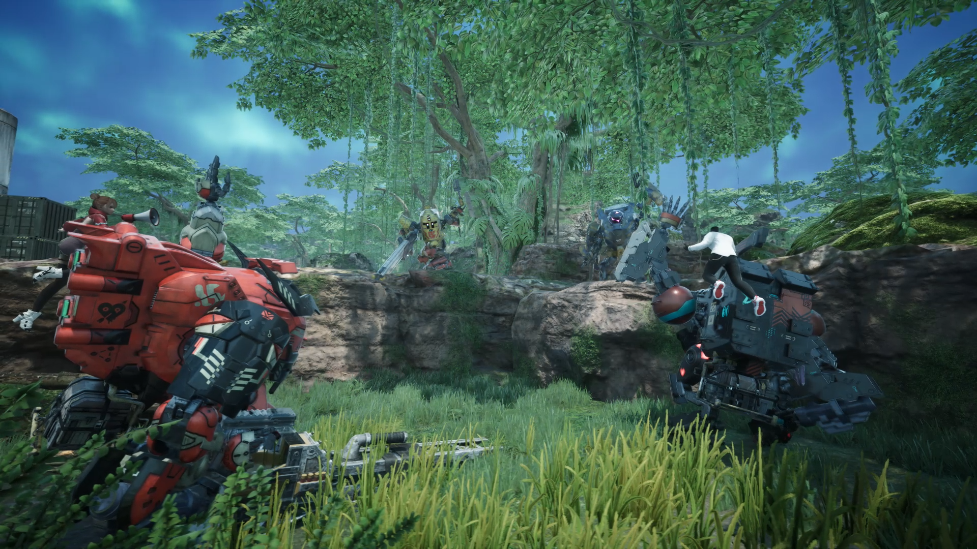 Three robotic Drifters prepare to do battle amongst grass and trees in extraction shooter Synduality