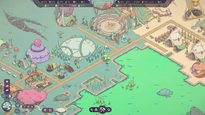 A flourishing settlement near a green pool of water in Synergy