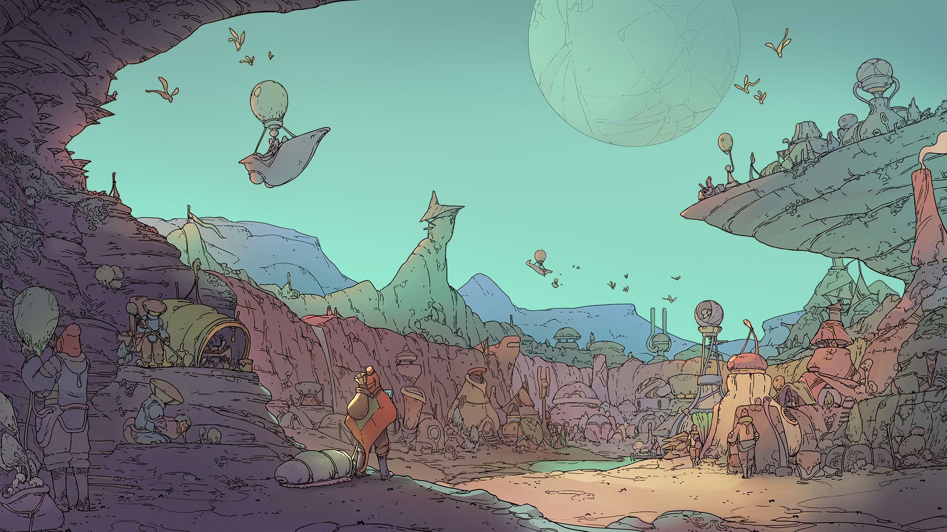 A number of people can be seen in an encampment in an alien landscape in key art for Synergy. - 1