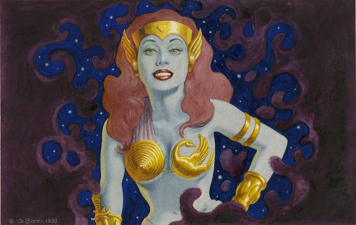 Concept painting of the Syreen from The Ur-Quan Masters by George Barr. It shows a woman with gray skin and red hair wearing a revealing golden top with bracelets and a winged head band