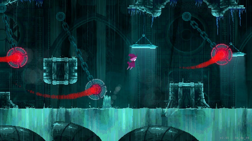 A pink witch hops past swinging red orbs in a waterlogged, dark facility.