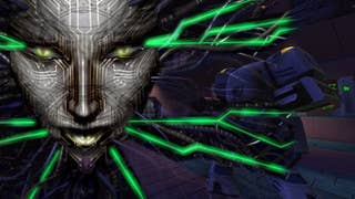The face of System Shock 2's malevolent AI SHODAN overlaid on a screenshot of Nightdive's System Shock 2 remaster.