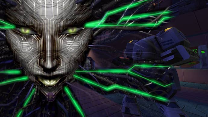 The face of System Shock 2’s malevolent AI SHODAN overlaid on a screenshot of Nightdive’s System Shock 2 remaster.
