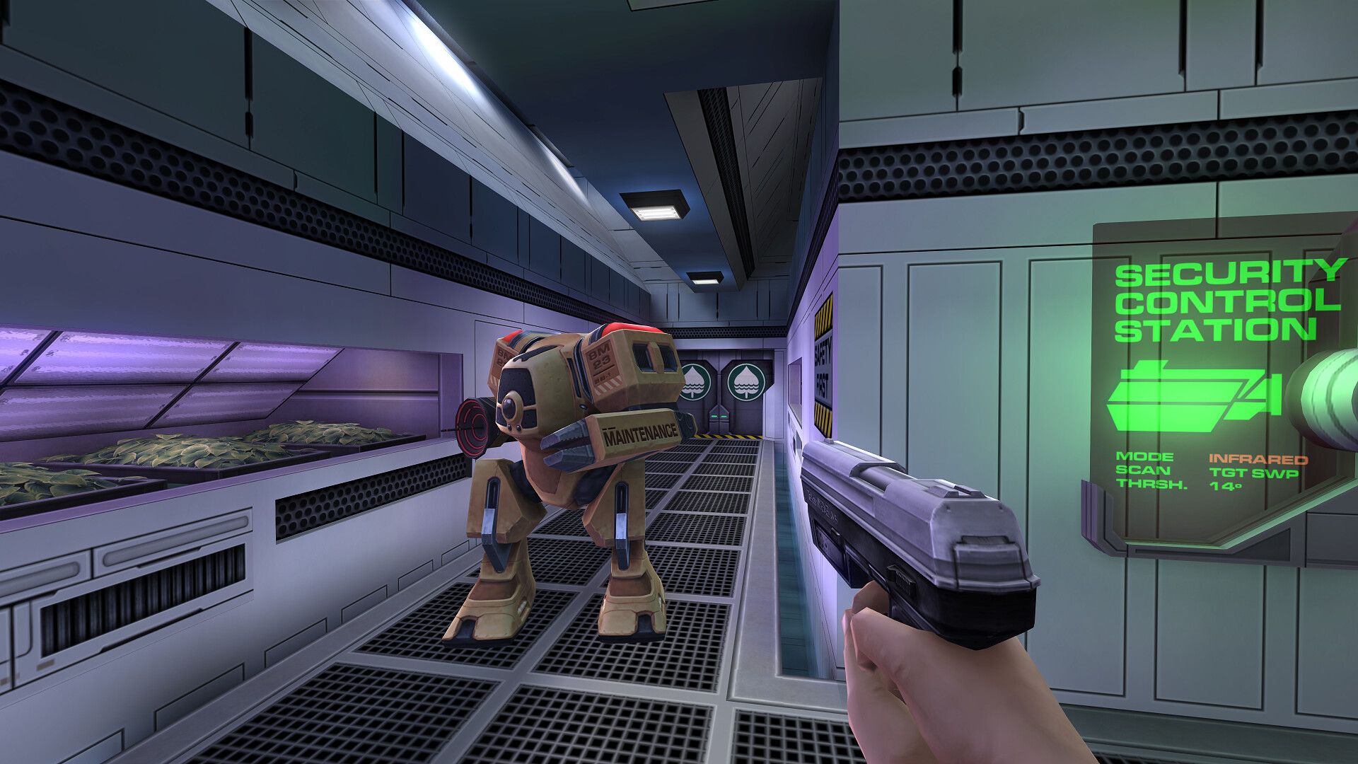 The player points a pistol at a robot in a space station corridor. - 1