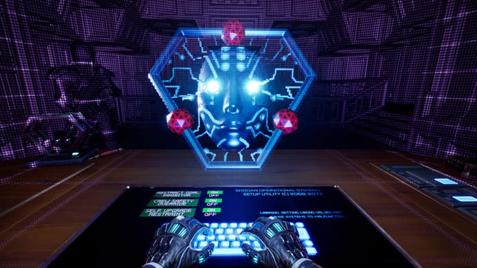 A screenshot of Nightdive Studios' System Shock remake showing the player interactiing with a futuristic computer terminal on a gloomy spaceship while a holographic face hangs in the air over it.