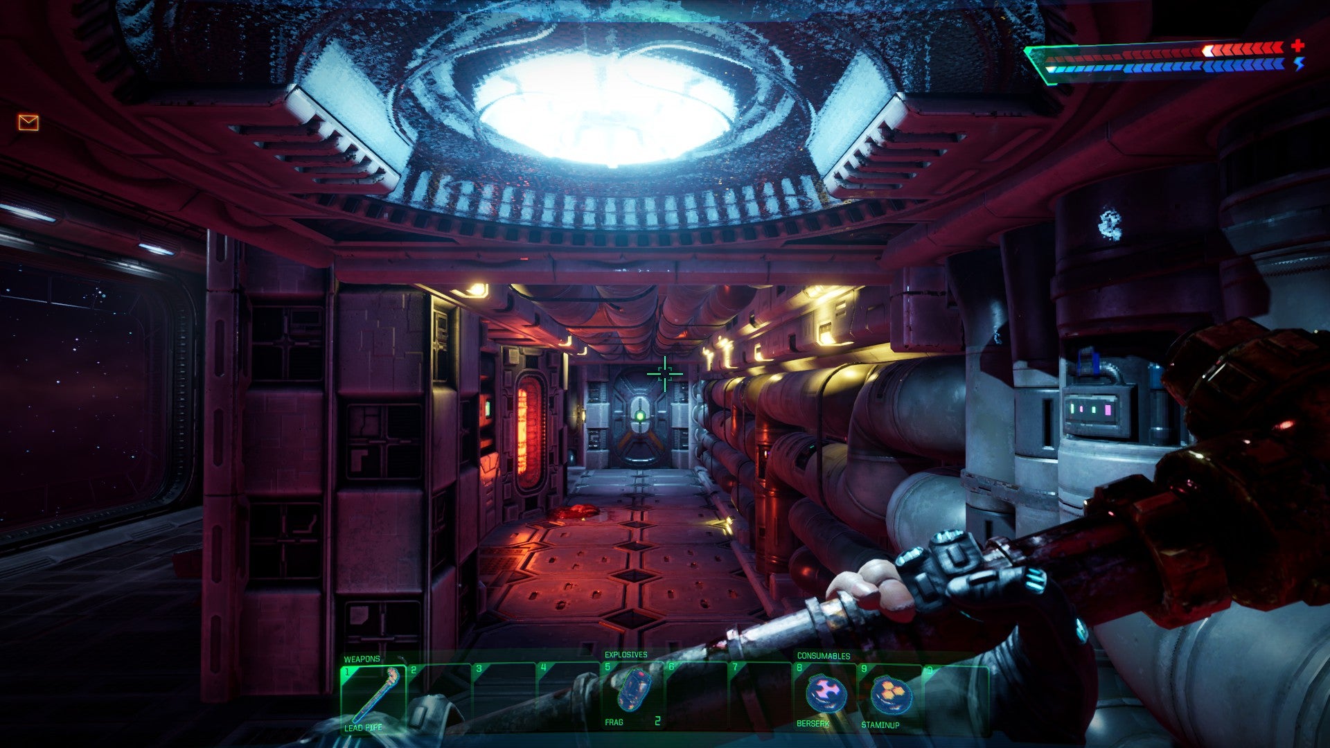 Looking down a space station hallway in the System Shock remake. You hold a chunky lead pipe; you have a feeling you&rsquo;ll need it.