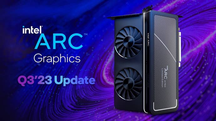 the text “intel arc graphics q3 ‘23 update”, on a purple background with an intel arc a770 graphics card shown