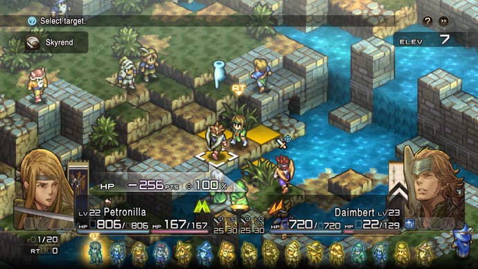 Two warriors fight in a watery grassland in Tactics Ogre: Reborn
