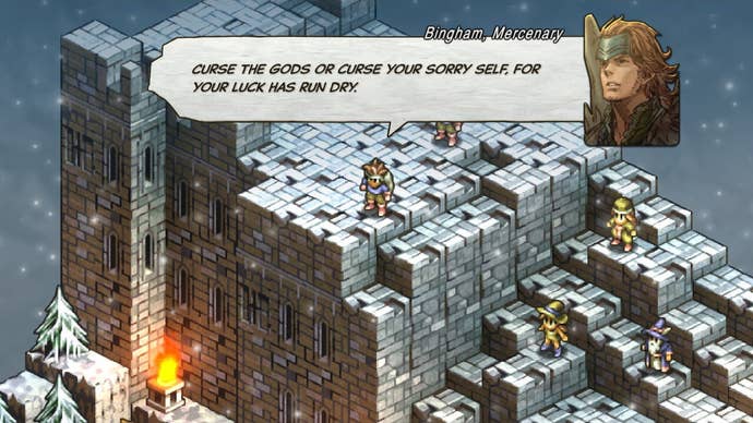 A winged warrior speaks from atop a snowy fort in Tactics Ogre: Reborn