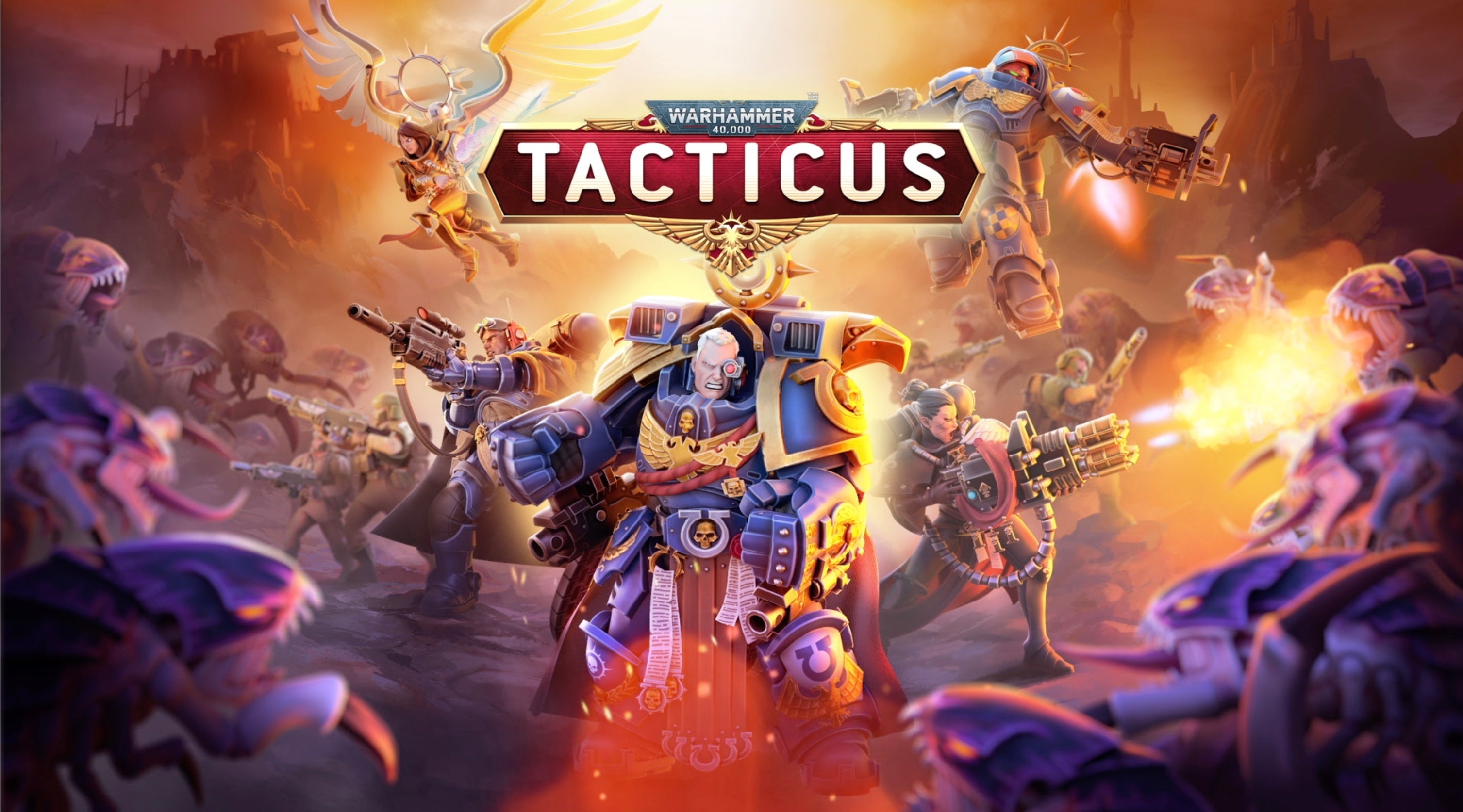 Artwork for Warhammer 40,000: Tacticus showing a group of Space Marines fighting a horse of alien-like enemies.