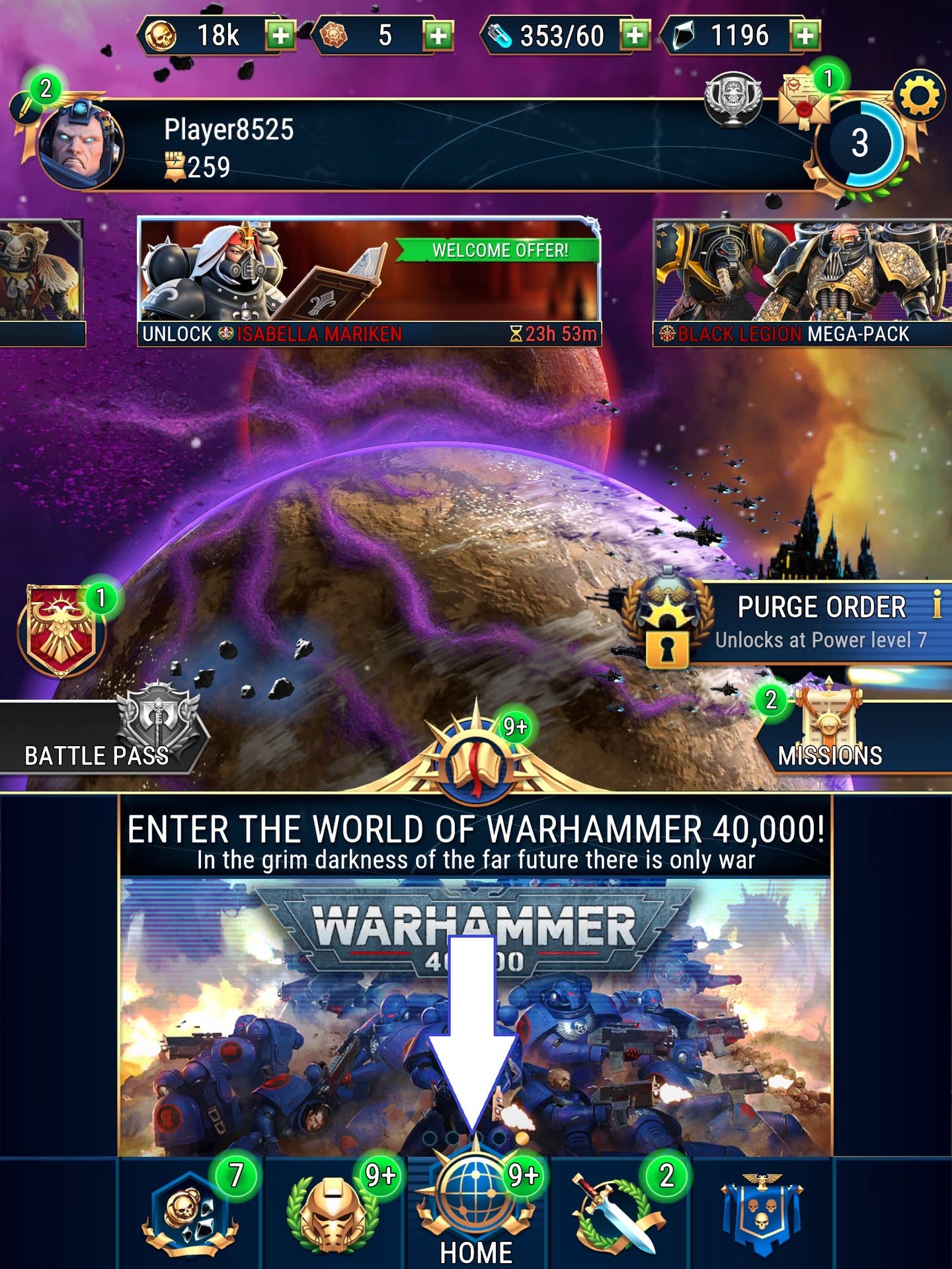A screenshot of Warhammer 40,000: Tacticus showing the game's home button.