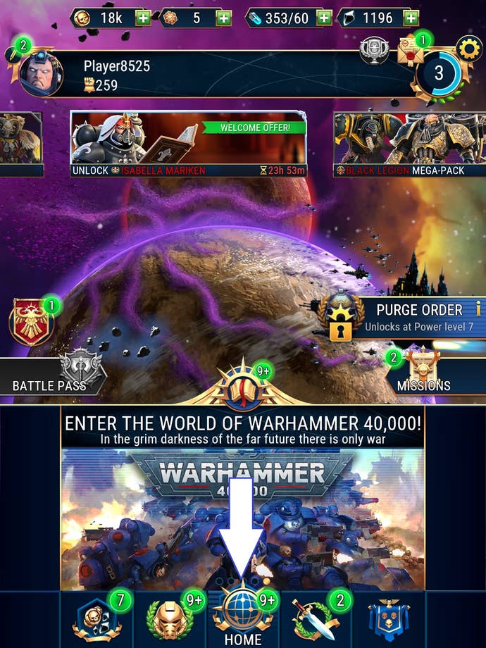 A screenshot of Warhammer 40,000: Tacticus showing the game's home button.