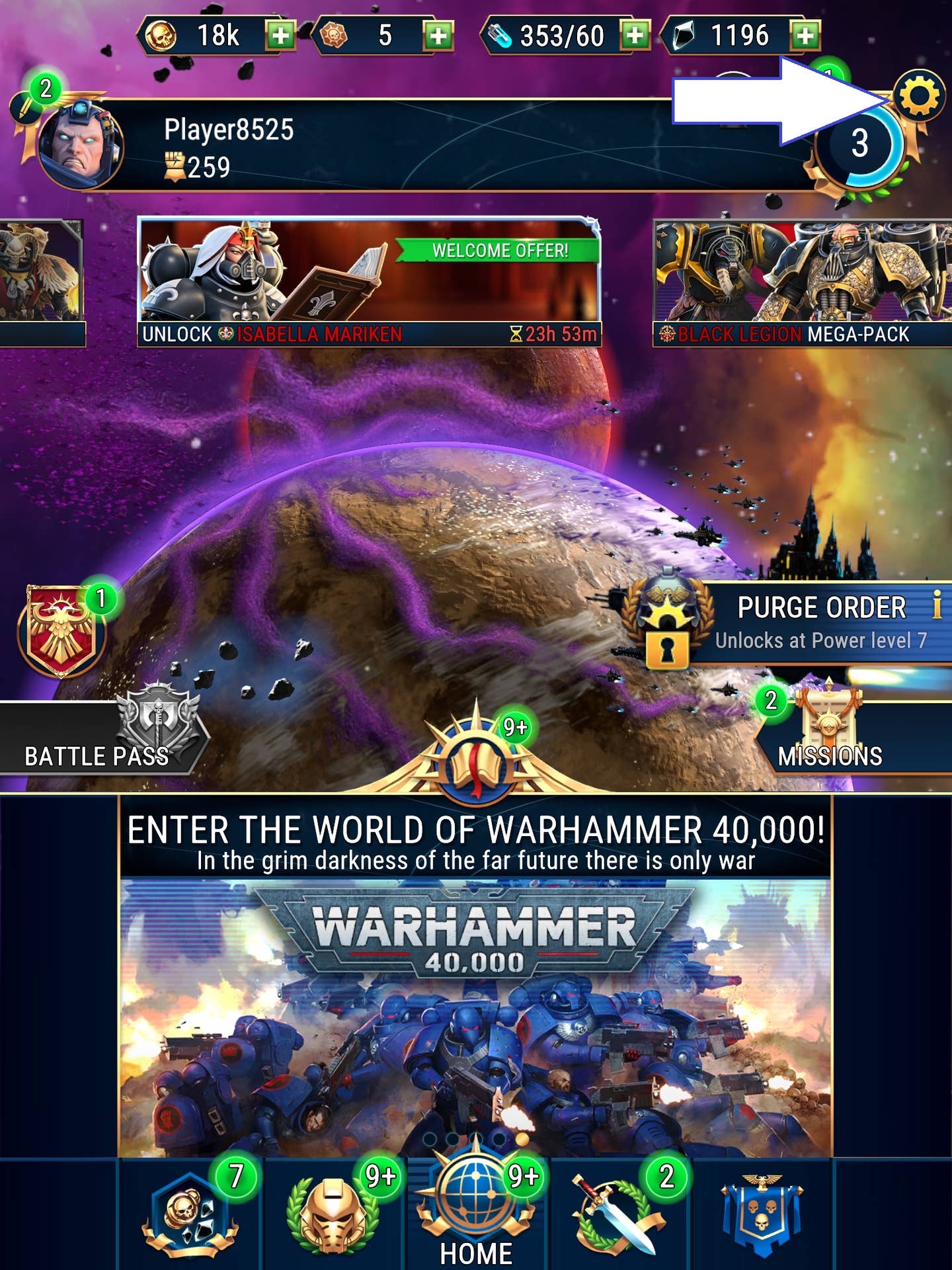 A screenshot of Warhammer 40,000: Tacticus showing the game's settings button.