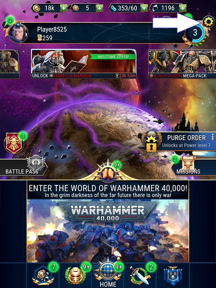 A screenshot of Warhammer 40,000: Tacticus showing the game's settings button.