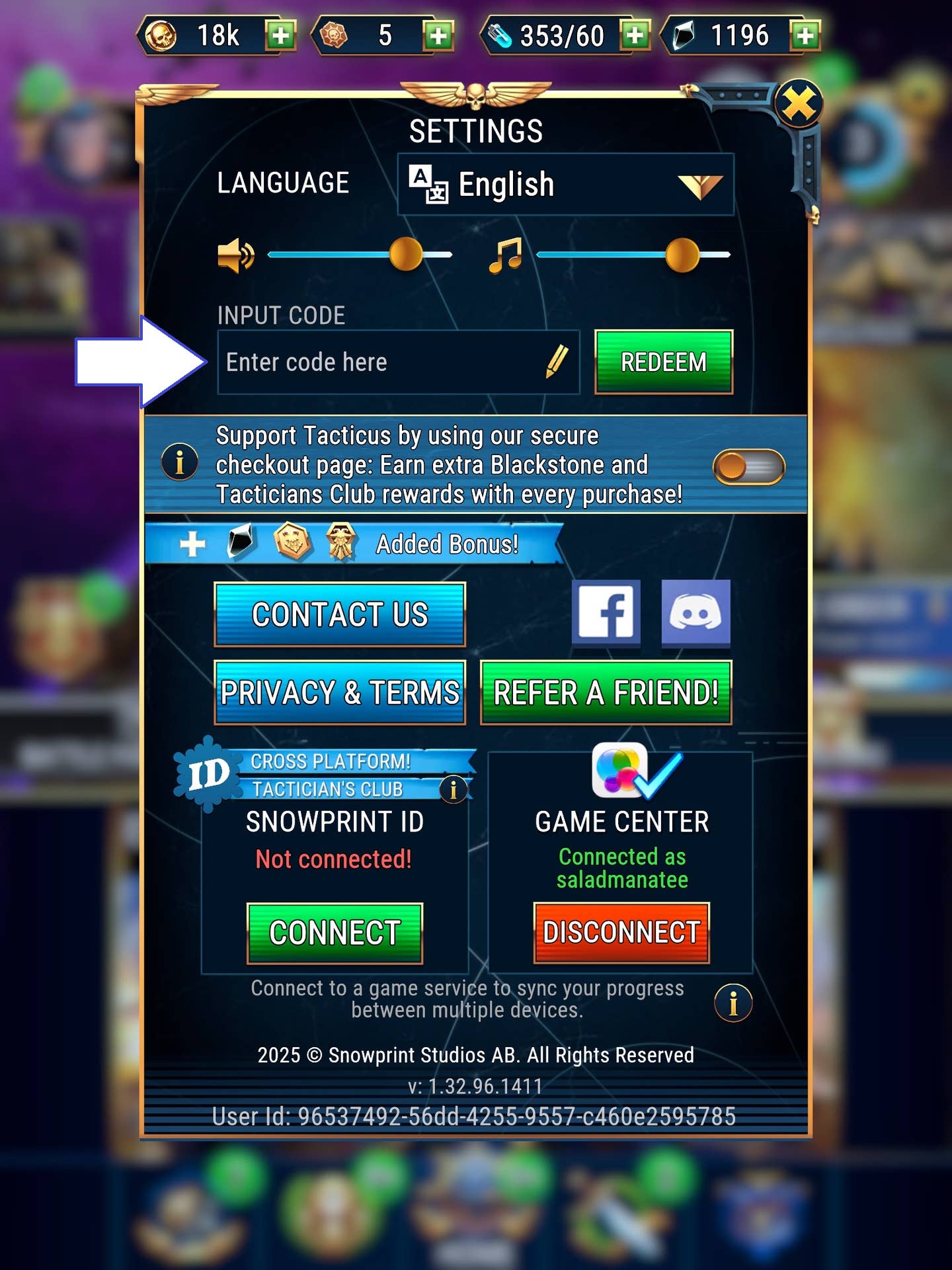 A screenshot of Warhammer 40,000: Tacticus showing the game's codes field.
