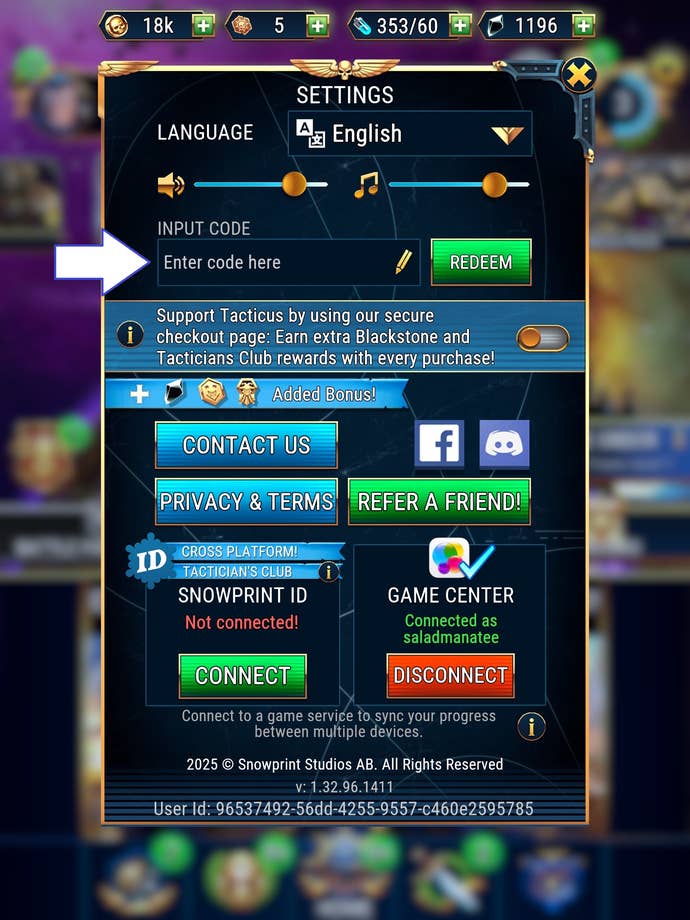 A screenshot of Warhammer 40,000: Tacticus showing the game's codes field.
