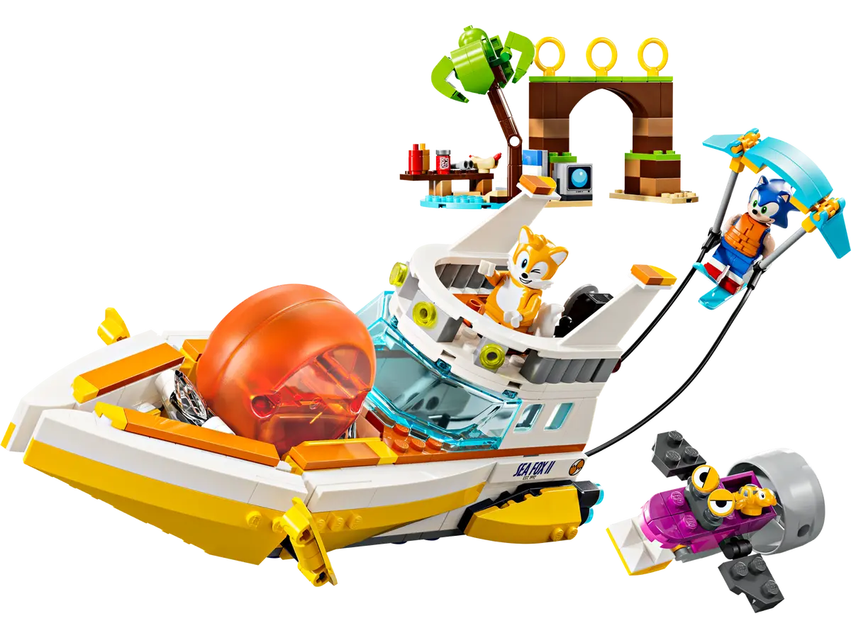 Image of Tail&rsquo;s Adventure Boat Lego set including Tails riding boat with Sonic parasailing