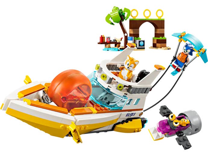 Image of Tail’s Adventure Boat Lego set including Tails riding boat with Sonic parasailing