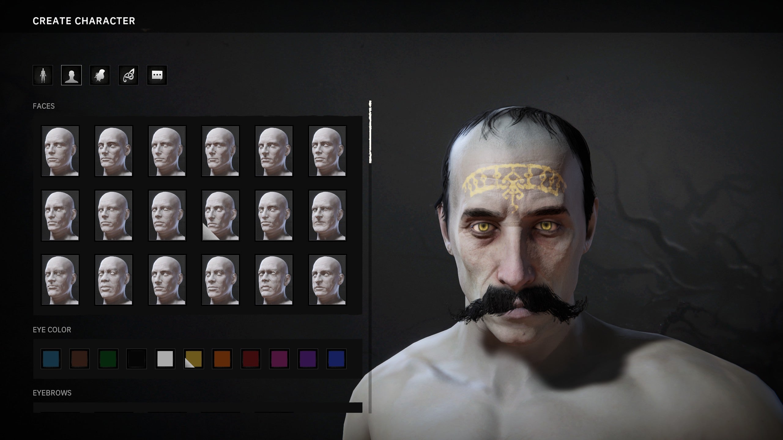 The character creator in Tainted Grail: Fall of Avalon. Here, Bertie is choosing between faces, and has gone for a gaunt, sorrowful, grey-skinned, handlebar-moustached look, with a thinning head of greasy hair on top and a religious kind of yellow crown tattoo on the forehead. He looks like a zealot.