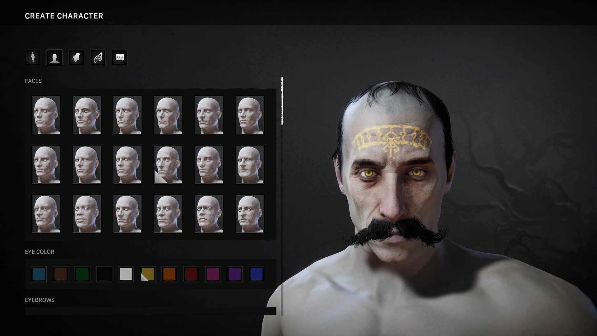 The character creator in Tainted Grail: Fall of Avalon. Here, Bertie is choosing between faces, and has gone for a gaunt, sorrowful, grey-skinned, handlebar-moustached look, with a thinning head of greasy hair on top and a religious kind of yellow crown tattoo on the forehead. He looks like a zealot.
