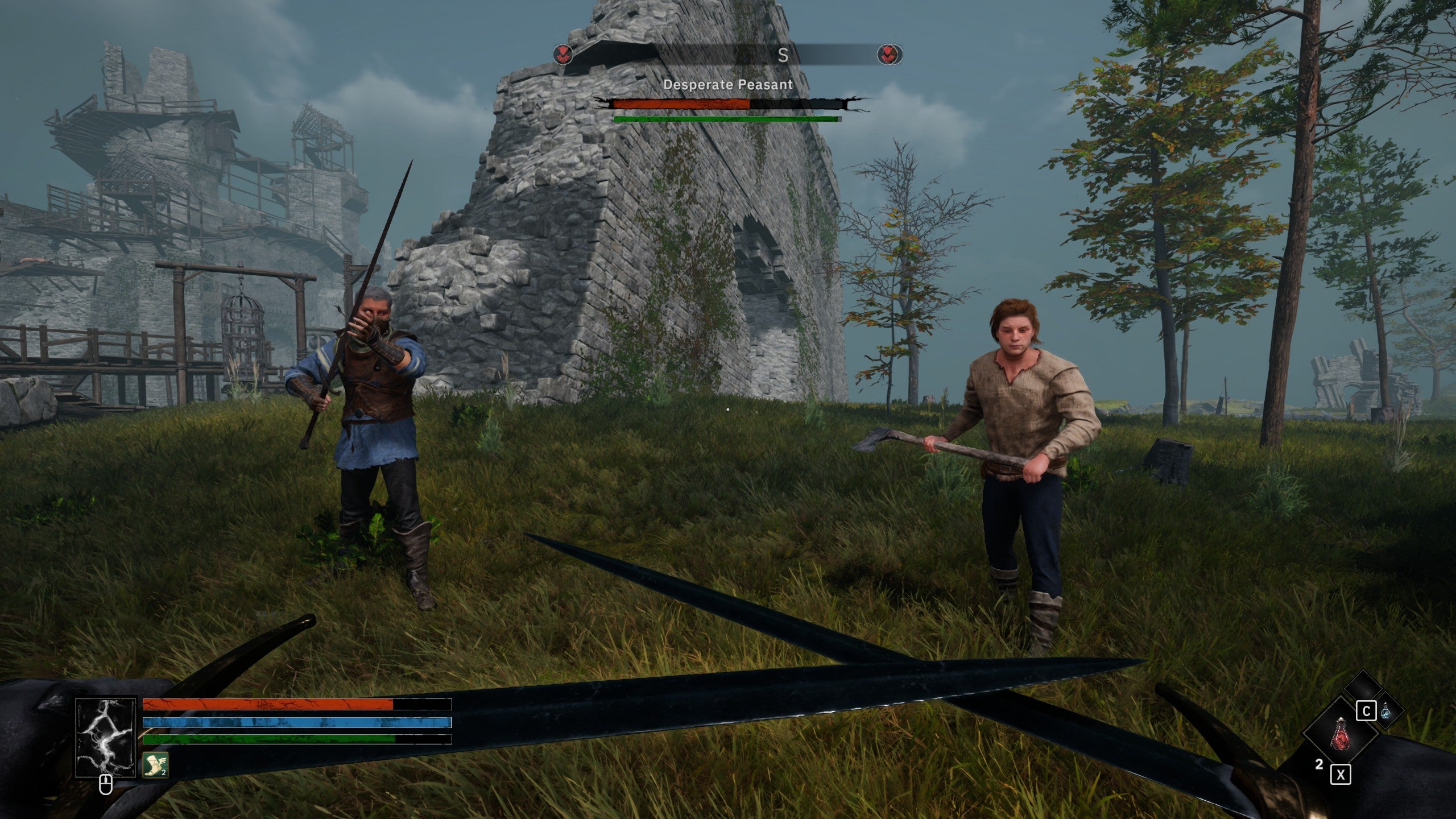 A first-person perspective of two peasants, by the look of things, approaching the player with murderous intent. The player holds daggers in a crossed, defensive way.  The area around them is thinly wooded.