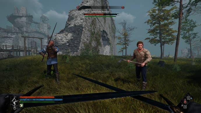 A first-person perspective of two peasants, by the look of things, approaching the player with murderous intent. The player holds daggers in a crossed, defensive way.  The area around them is thinly wooded.