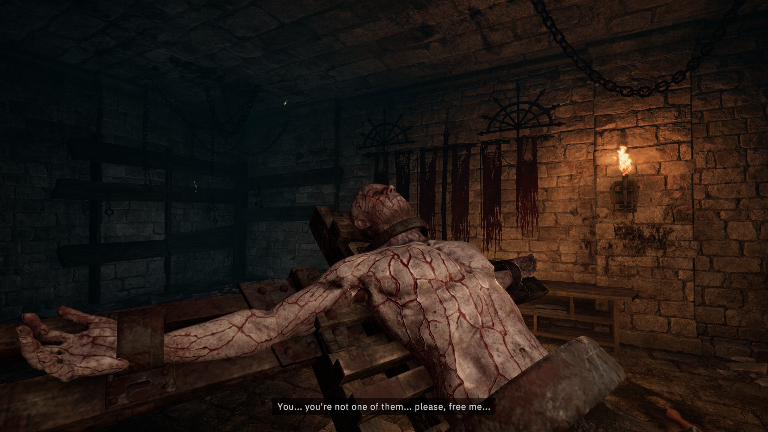 A man stretched out on a torture rack-like device and crisscrossed with bloody scars.  He's in a dungeon of some kind and he believes we're here to help him, or give him mercy.